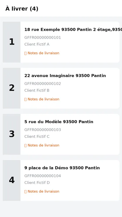 Exemple de capture au format GOFO (données fictives) : chaque carte montre le numéro à gauche, l'adresse, le code GFFR et le destinataire.
