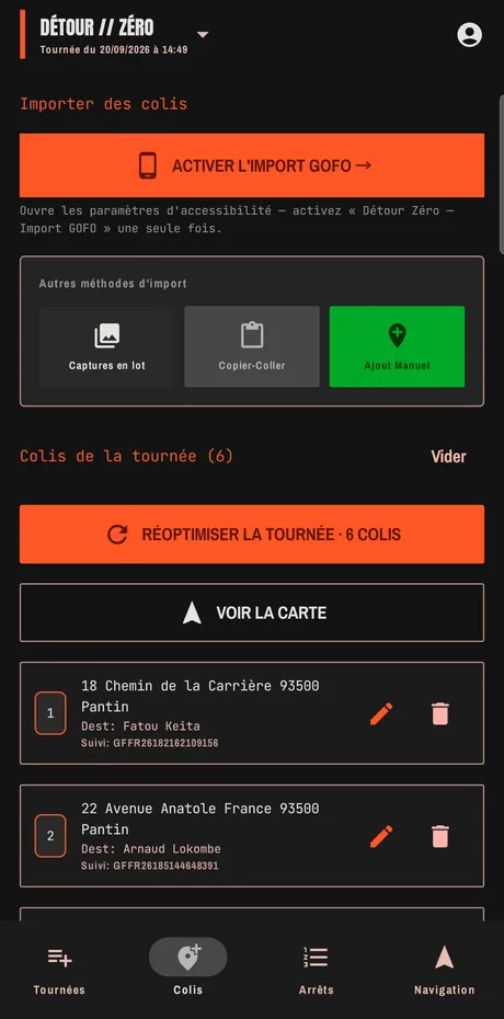 Écran Colis de l'application : six colis importés, bouton pour réoptimiser la tournée.